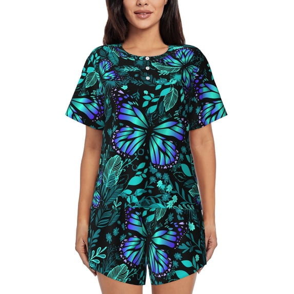 Naloa Blue Floral with Butterflies Women's Short-Sleeved Pajama Set, Loungewear, Summer pajamas, Breathable Cozy - Small
