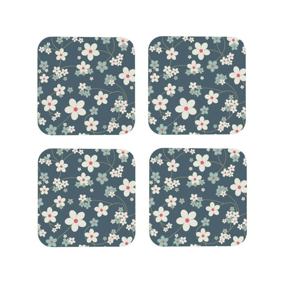Naloa Blue Flower Coasters for Set of 4 - PU Leather Coasters, Coasters for Table Cup Tea Coffee Beer, Decorative for Kitchen Homedecor (Round)
