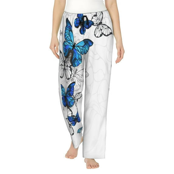 Naloa Blue Flying Butterflies Print Women’s Ultra-Soft Comfy Pajama Lounge Pants with Pockets & Drawstring