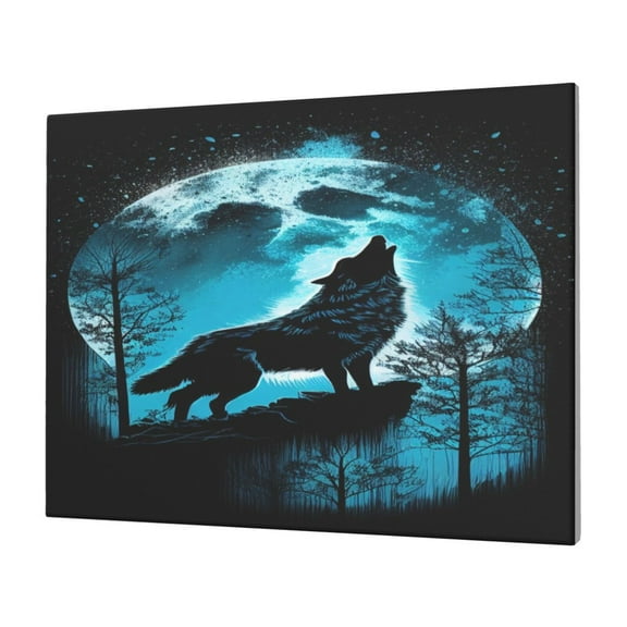 Naloa Blue Full Moon Wolf Print Canvas Picture,Wall Pictures, Modern Decorative Poster,Art Prints for Bedroom, Toilet, 40 x 30 cm, Built-in Wooden Frame