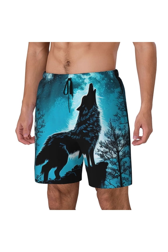 Blue Full Moon Wolf Print Men Swim Trunks with Compression Liner ,Board Shorts,Men's Swim Shorts with Drawstring and Elastic Waistband-X-Large