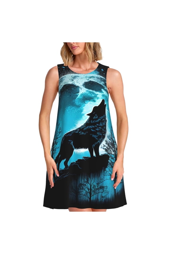 Blue Full Moon Wolf Print Women's Summer Spring Casual Beach Sundress,Vacation Sleeveless Tank Crewneck Loose Dresses