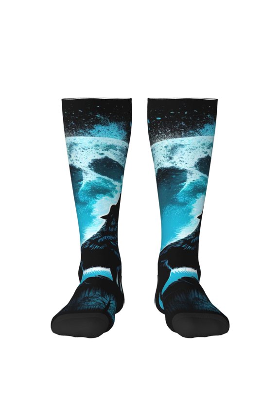 Blue Full Moon Wolf Thigh High Socks Extra Long Stretchy Sock Women Over Knee High Opaque Stocking Daily Wear