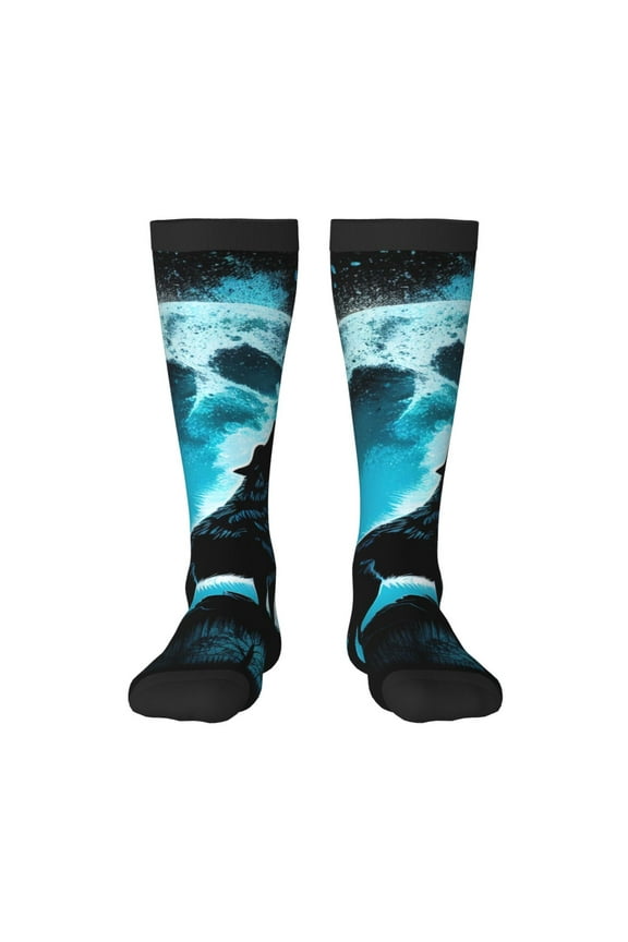 Blue Full Moon Wolf Thigh High Socks Extra Long Stretchy Sock Women Over Knee High Opaque Stocking Daily Wear