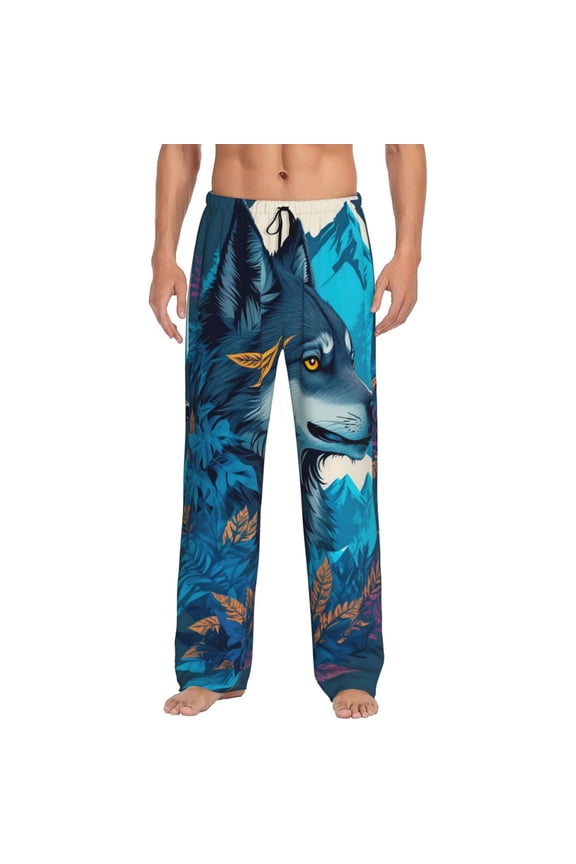 Blue Iceberg Leaf Wolf Pajama Pants Men, PJ Bottoms, Sleep & Lounge Pants-Medium