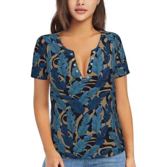 Naloa Blue Leaves A Print T-Shirts Short Sleeve V Neck Tees for Women Fashion Tops Trendy Lightweight Soft Casual Summer Outfits Clothes