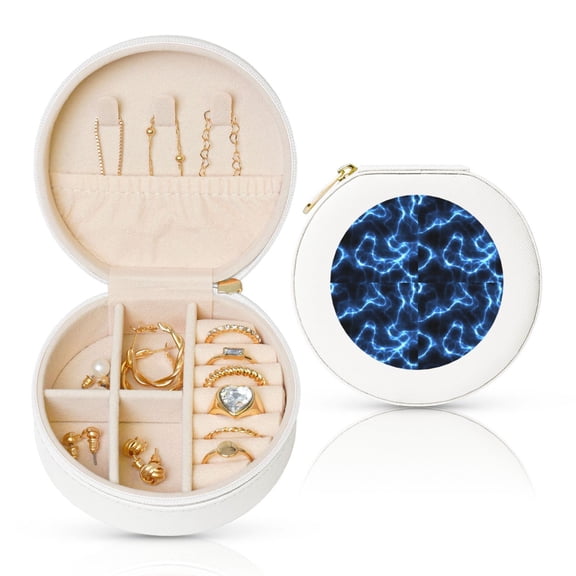 Naloa Blue Lightning Round Jewelry Box, Travel Jewelry Organizer, 3.9 x 3.9 x 2in Jewelry Storage Box for Women-White