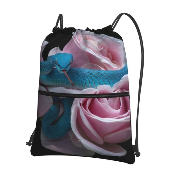 Naloa Blue Lipped Pit Viper And Three Pink Roses Drawstring Backpack String Bag Cinch Water Resistant for Gym Shopping Sport Yoga