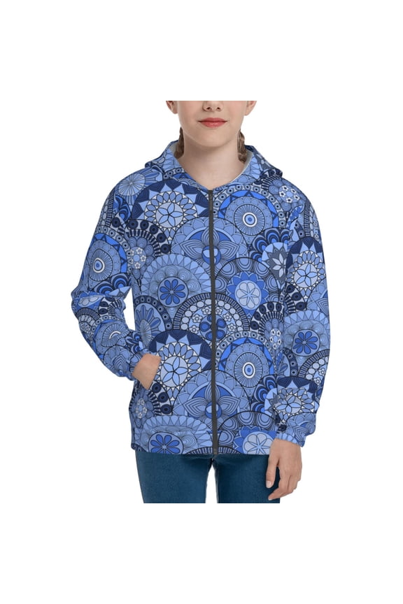 Blue Mandala Harmony Teenage Zipper Hoodie, Long Sleeve Zip Up Hoodies Casual Jackets Tops for 7-12 Years-Medium