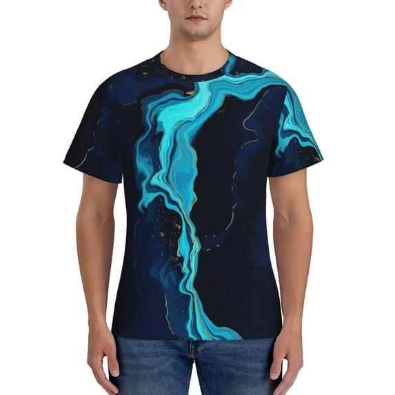 Naloa Blue Marble And Gold Men's T-Shirt Sport T-shirt Men's Basic Tee Casual Men's Shirt, Round Neck, Short Sleeves - Medium