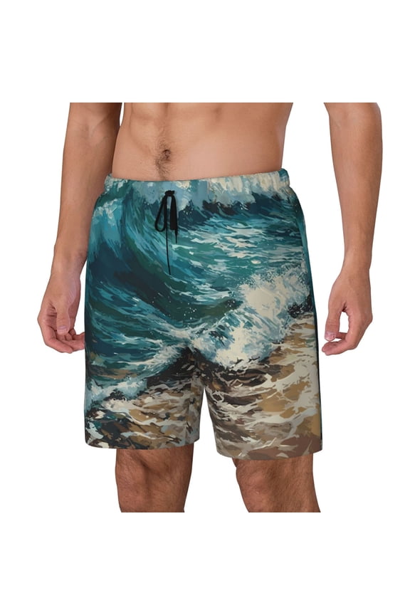 Blue Ocean Waves Print Men Swim Trunks with Compression Liner ,Board Shorts,Men's Swim Shorts with Drawstring and Elastic Waistband-Medium