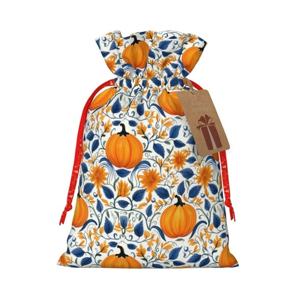 Naloa Blue Orange Pumpkin fall Drawstring Christmas Bags, 3D Xmas Gift Bags, Christmas Wrapping Bags, Xmas Goodie Bags, Treat Pouch Bags, Party Favor Bags-Medium