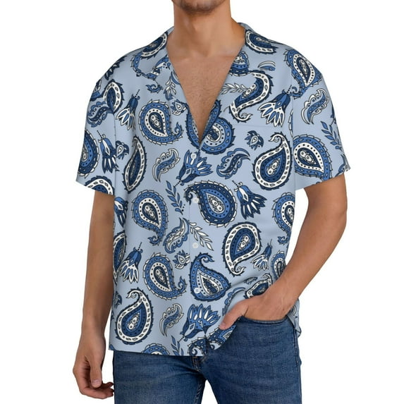 Naloa Blue Paisley Pattern Vintage Men's Loose Fit Cuban Collar Short-Sleeve Shirt, Hawaiian Shirts, Mens Shirts Casual for Everyday Wear Outings-Medium