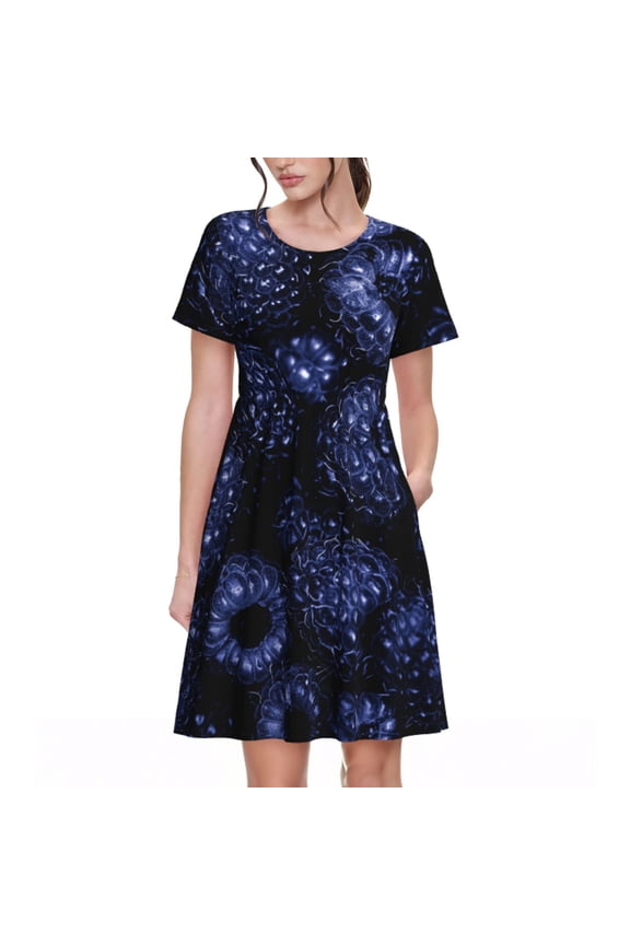 Blue-Purple Raspberries Print Womens Summer A-Line Dress with Pockets,Short Sleeve Dresses,Flowy Beach Swing Dress for Vacation Travel