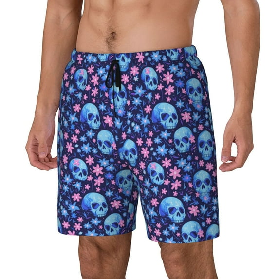 Naloa Blue Skull Flower Print Men Swim Trunks with Compression Liner ,Board Shorts,Men's Swim Shorts with Drawstring and Elastic Waistband-XX-Large