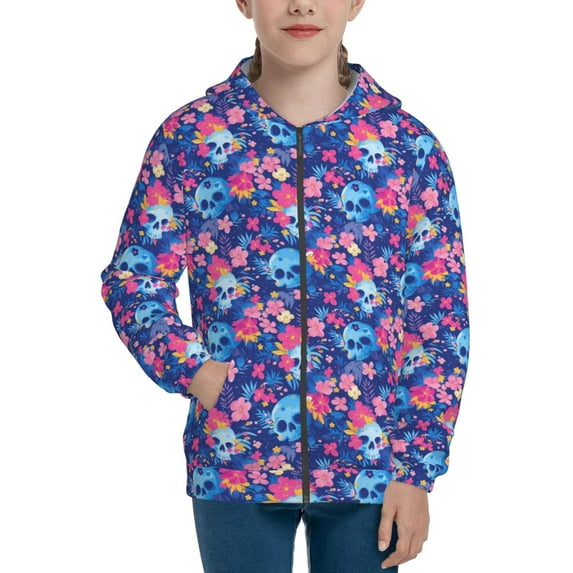 Naloa Blue Skull Flower Teenage Zipper Hoodie, Long Sleeve Zip Up Hoodies Casual Jackets Tops for 7-12 Years-Medium