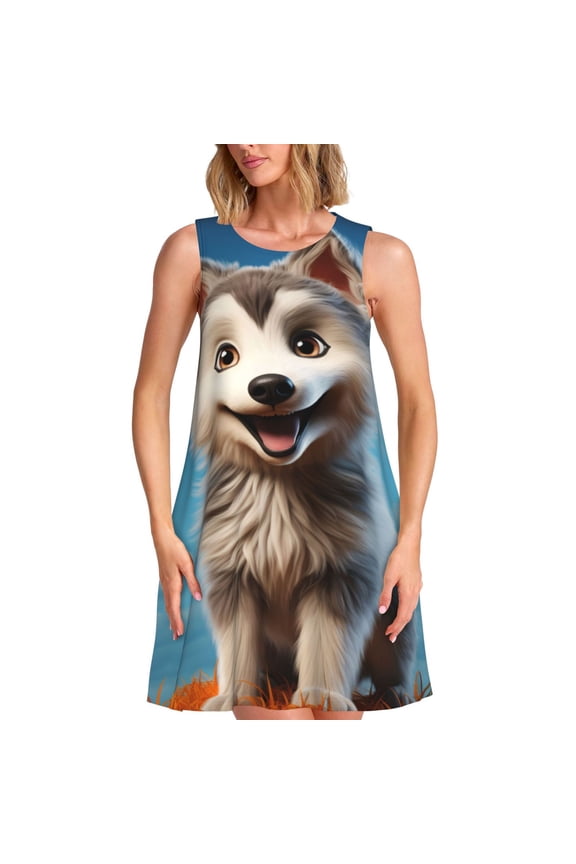 Blue Sky Cute Wolf Print Women's Summer Spring Casual Beach Sundress,Vacation Sleeveless Tank Crewneck Loose Dresses