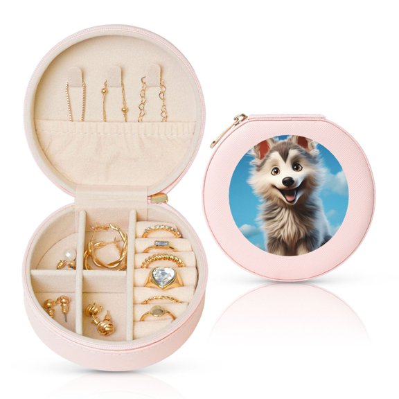 Naloa Blue Sky Cute Wolf Round Jewelry Box, Travel Jewelry Organizer, 3.9 x 3.9 x 2in Jewelry Storage Box for Women-Pink