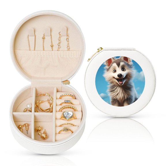 Naloa Blue Sky Cute Wolf Round Jewelry Box, Travel Jewelry Organizer, 3.9 x 3.9 x 2in Jewelry Storage Box for Women-White