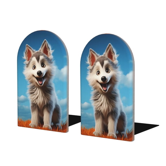 Naloa Blue Sky Cute Wolf Wood Non-Skid Bookend for Shelves,Book Ends for Heavy Books, Book Stand for CDs,1 Pair