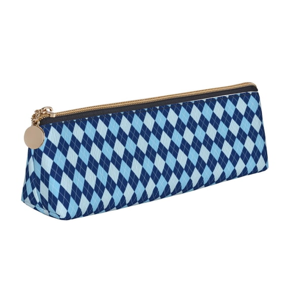 Naloa Blue Squares Print Leather Pencil Case - Portable Big Capacity Pencil Pouch Organizer Bag Stationery Bag for Work & Office Pencil Pen Case