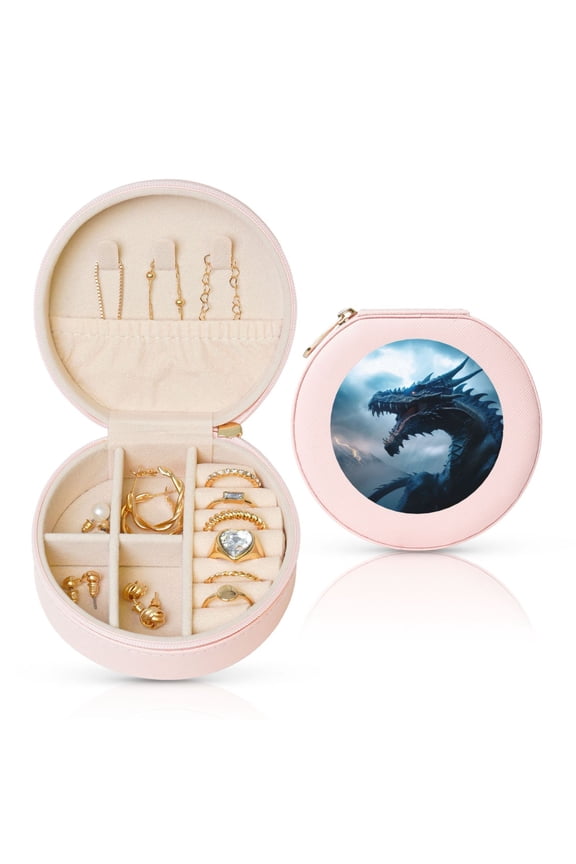Blue Thunder Storm Dragon Round Jewelry Box, Travel Jewelry Organizer, 3.9 x 3.9 x 2in Jewelry Storage Box for Women-Pink