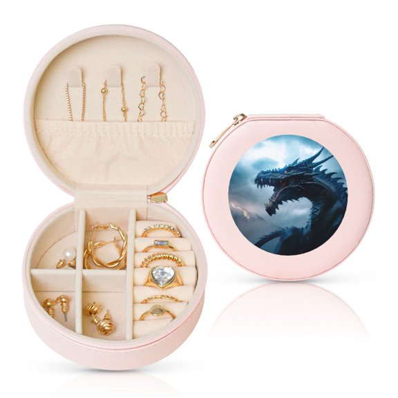 Naloa Blue Thunder Storm Dragon Round Jewelry Box, Travel Jewelry Organizer, 3.9 x 3.9 x 2in Jewelry Storage Box for Women-Pink