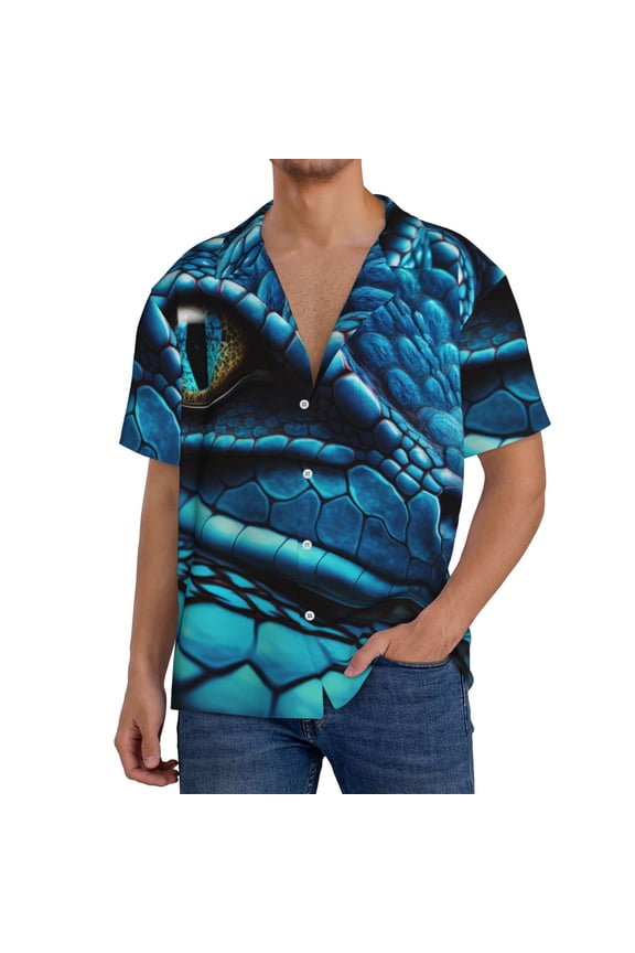 Blue Viper Snake Closeup Face Men's Loose Fit Cuban Collar Short-Sleeve Shirt, Hawaiian Shirts, Mens Shirts Casual for Everyday Wear Outings-XX-Large