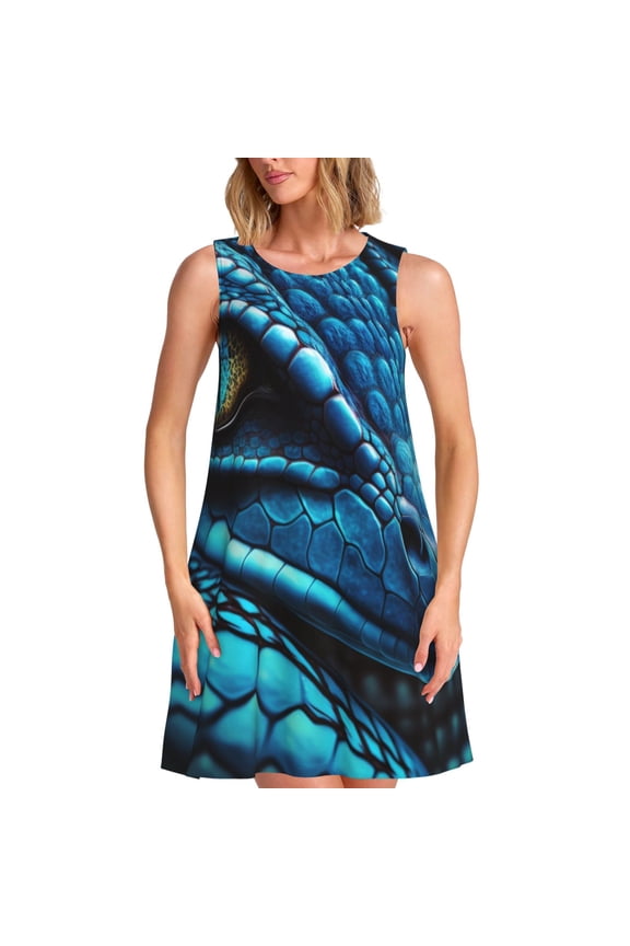 Blue Viper Snake Closeup Face Print Women's Summer Spring Casual Beach Sundress,Vacation Sleeveless Tank Crewneck Loose Dresses