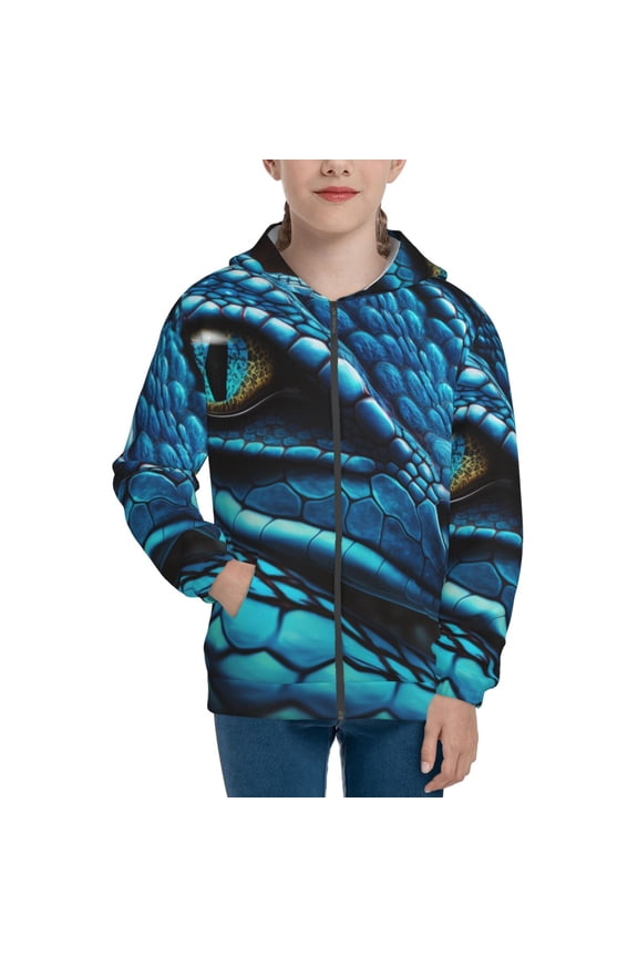 Blue Viper Snake Closeup Face Teenage Zipper Hoodie, Long Sleeve Zip Up Hoodies Casual Jackets Tops for 7-12 Years-Small