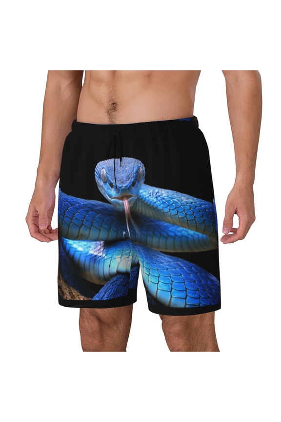 Blue Viper Snake Print Men Swim Trunks with Compression Liner ,Board Shorts,Men's Swim Shorts with Drawstring and Elastic Waistband-Large