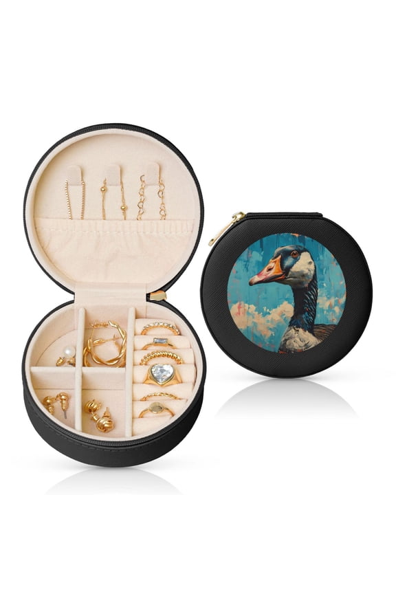 Blue Watercolor Duck Round Jewelry Box, Travel Jewelry Organizer, 3.9 x 3.9 x 2in Jewelry Storage Box for Women-Black