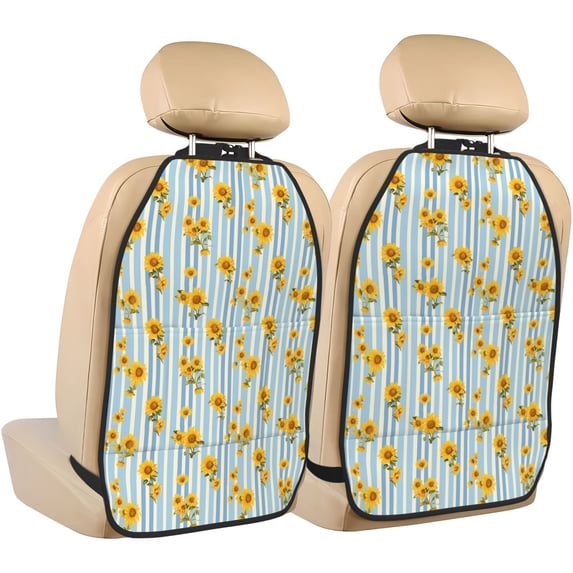 Naloa Blue White Striped Sunflower 2Pcs Anti-Kick Back Seat Cover Kick Mat, Car Seat Protector with 3 Storage Pockets