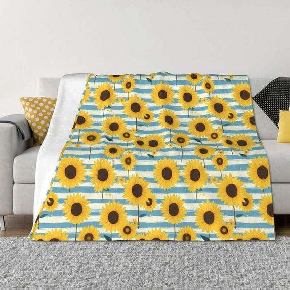 Naloa Blue White Striped Sunflower A Flannel Blankets - Thick and Warm Blanket for Winter, Soft Fuzzy Plush King Blanket for All Seasons50"x40"