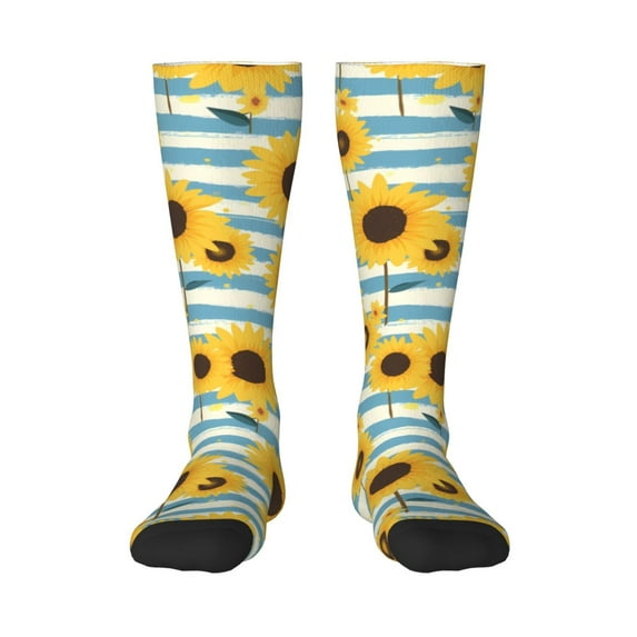 Naloa Blue White Striped Sunflower A Thigh High Socks Extra Long Stretchy Sock Women Over Knee High Opaque Stocking Daily Wear