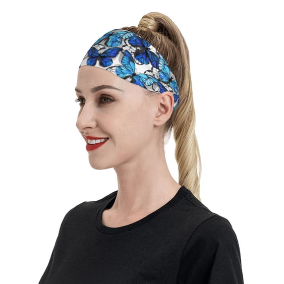 Naloa Blue and White Butterflies Fashionable Sport Sweatband for Running, Yoga, Basketball - Head Circumference 19.6-22.4 inches