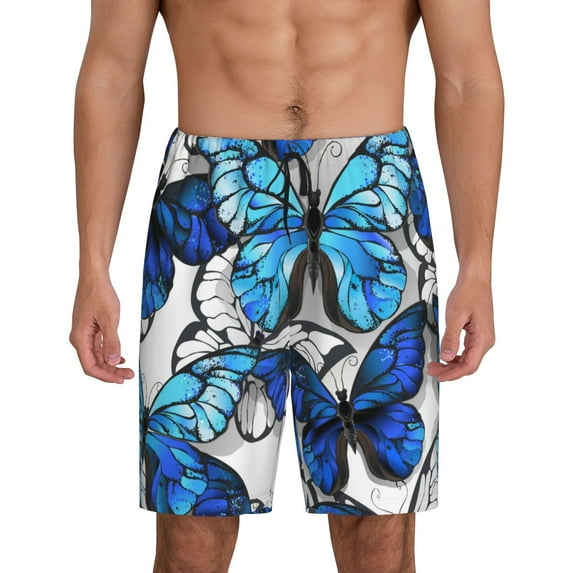 Naloa Blue and White Butterflies Men's Short Pajama Pants, Lounge Comfort Shorts with Elasticized Waistband and Side Pockets - X-Large