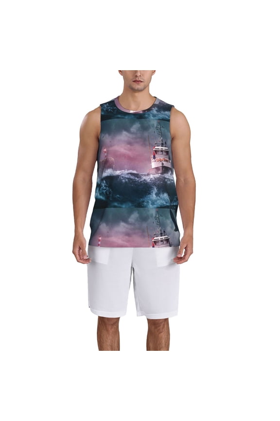 Boat Lighthouse Storm Waves Basketball Jersey Reversible Men's Mesh Athletic Sports Shirts Training Practice S-4XL4X-Large