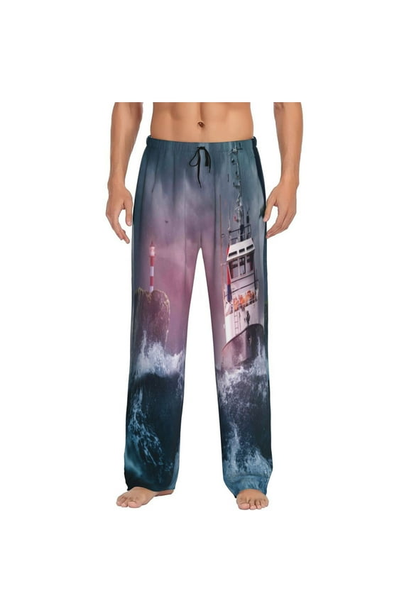 Boat Lighthouse Storm Waves Pajama Pants Men, PJ Bottoms, Sleep & Lounge Pants-Large