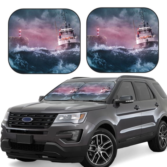 Naloa Boat Lighthouse Storm Waves Print 2-Piece Windshield Sunshade,Foldable Car Front Window Sun Shades,for Most Sedans SUV Truck-Medium
