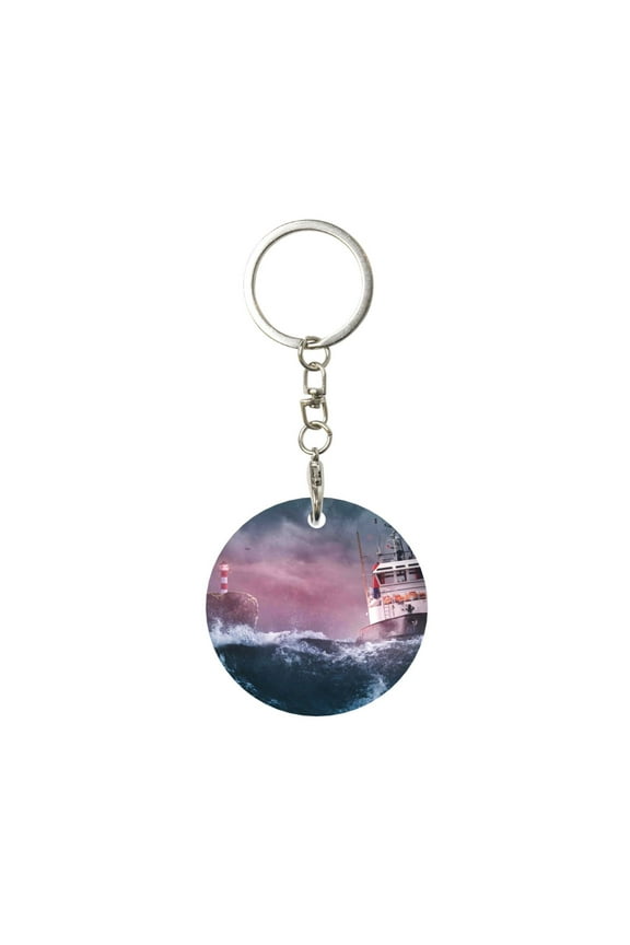Boat Lighthouse Storm Waves Print Round Keychain Keychain Key Ring, Key Tag, Key Chain Bulk for Gift Accessories (Round)
