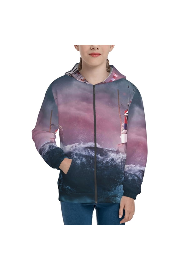 Boat Lighthouse Storm Waves Teenage Zipper Hoodie, Long Sleeve Zip Up Hoodies Casual Jackets Tops for 7-12 Years-