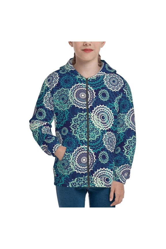 Bohemian Mandala Teenage Zipper Hoodie, Long Sleeve Zip Up Hoodies Casual Jackets Tops for 7-12 Years-Medium