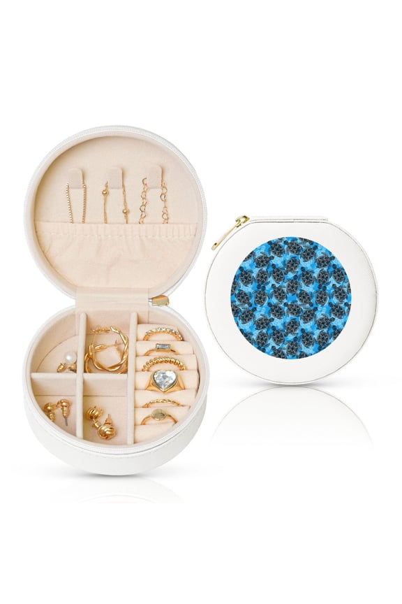 Bohemian Sea Turtle Round Jewelry Box, Travel Jewelry Organizer, 3.9 x 3.9 x 2in Jewelry Storage Box for Women-White