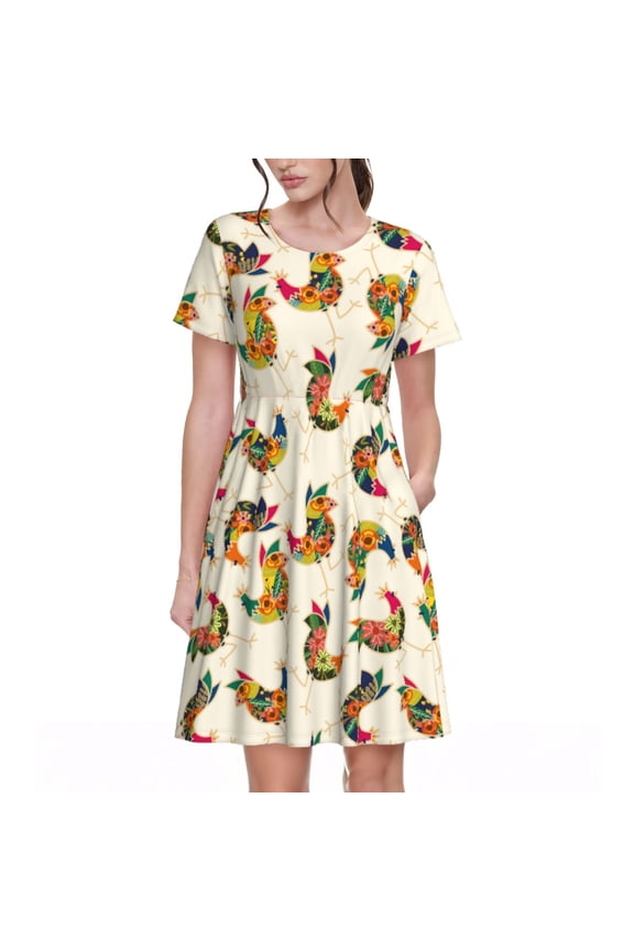 Boho Chicken Print Womens Summer A-Line Dress with Pockets,Short Sleeve Dresses,Flowy Beach Swing Dress for Vacation Travel