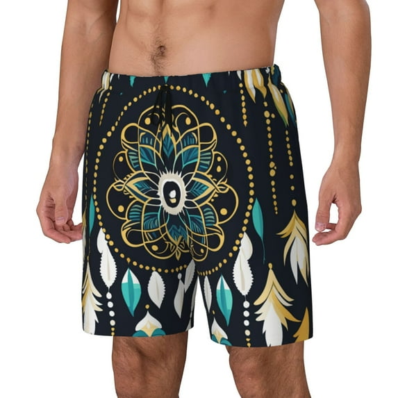 Naloa Boho Dreamcatcher Print Men Swim Trunks with Compression Liner ,Board Shorts,Men's Swim Shorts with Drawstring and Elastic Waistband-X-Large