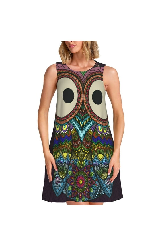 Boho Owl Print Women's Summer Spring Casual Beach Sundress,Vacation Sleeveless Tank Crewneck Loose Dresses