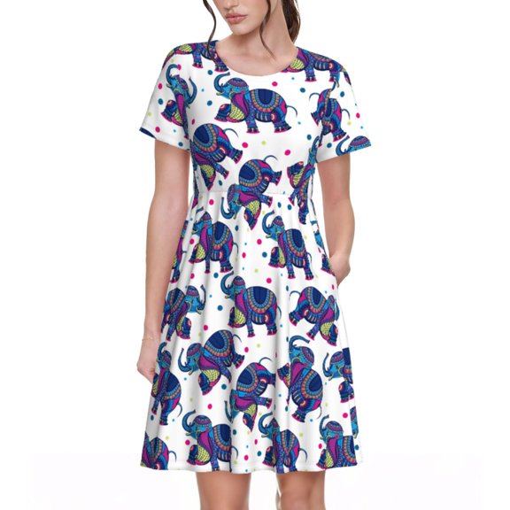 Naloa Boho elephant Print Womens Summer A-Line Dress with Pockets,Short Sleeve Dresses,Flowy Beach Swing Dress for Vacation Travel