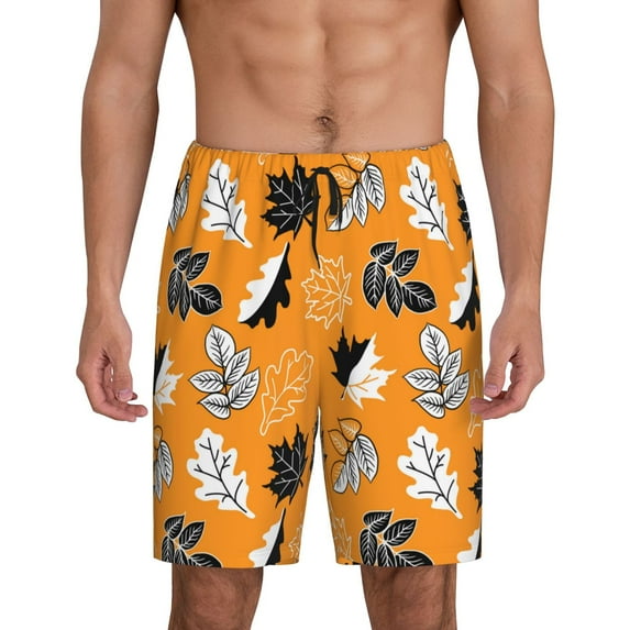 Naloa Bold Black and White Leaves Orange Men's Short Pajama Pants, Pj Shorts, Lounge Comfort Shorts-XX-Large