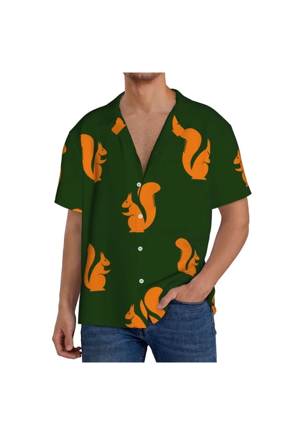 Bold Squirrel Silhouettes Men's Loose Fit Cuban Collar Short-Sleeve Shirt, Hawaiian Shirts, Mens Shirts Casual for Everyday Wear Outings-Small